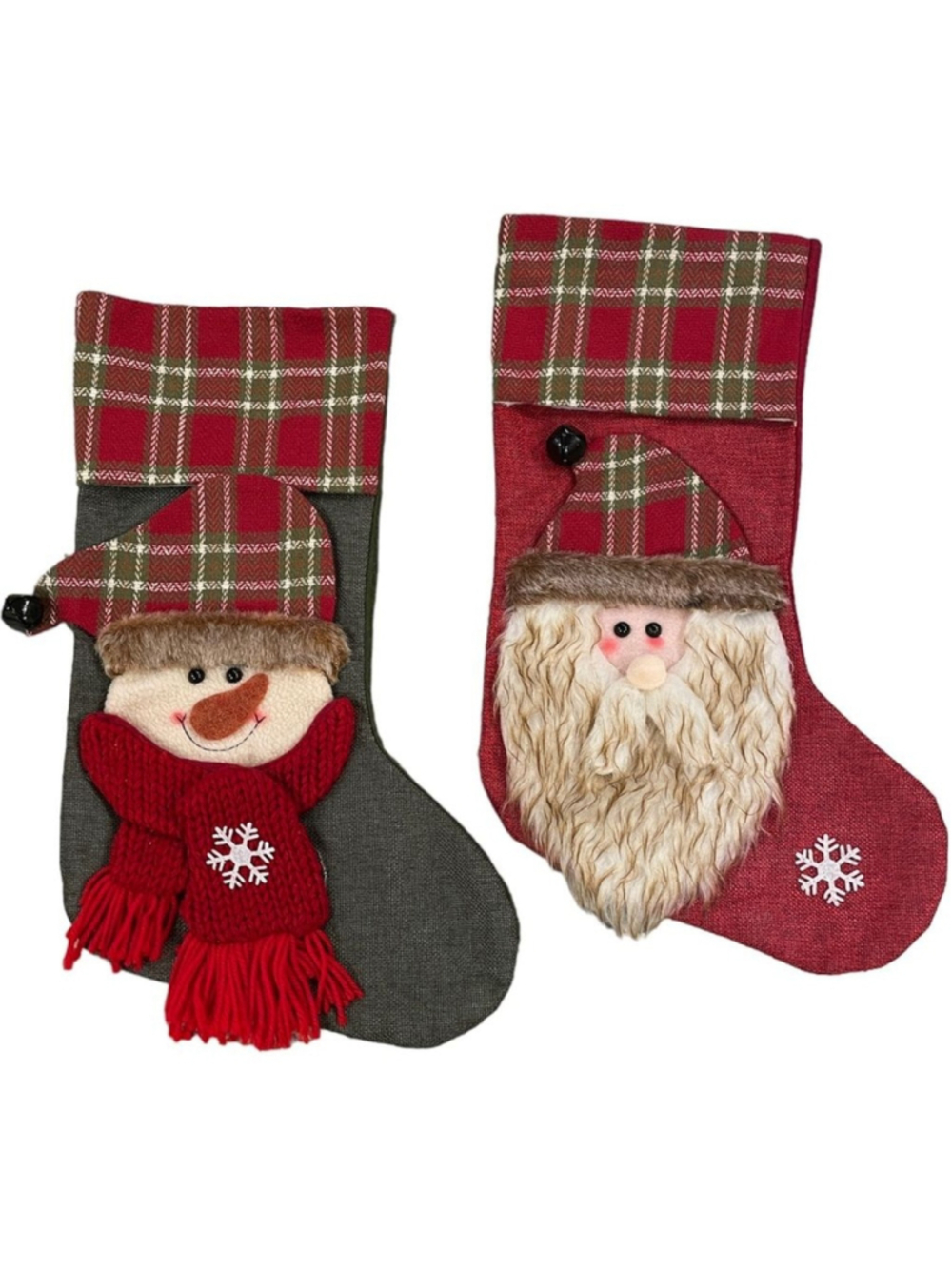 Lot of 2 Santa Snowman Christmas Stockings Red Green Plaid Fur Farmhouse Country